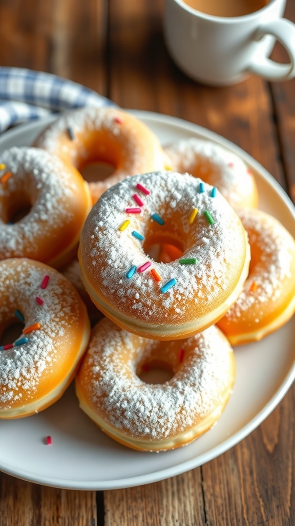 A plate of baked vanilla donuts with powdered sugar and sprinkles on a wooden table.